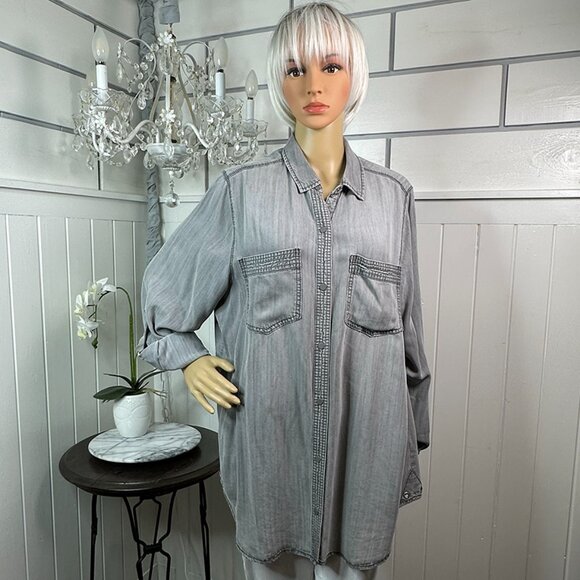 intro. Tops - Snaps Collared Gray Comfy Blouse  Decorative stitching Intro size 1X